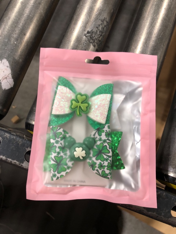 Photo 2 of Glitter St Patrick's Day Hair Bow Clips Girls Green Shamrock Hair Barrettes Accessories Kids Irish Lucky Clover Party Costume Supplies