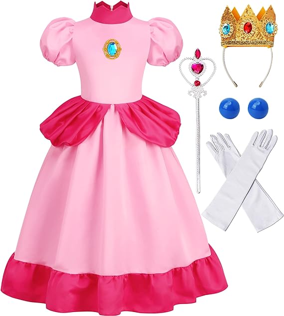 Photo 1 of CONGRU Princess Peach Costume for Girls, Super Brothers Kids Princess Peach Dress with Accessories Halloween Cosplay Dress Up SIZE 4-5T
