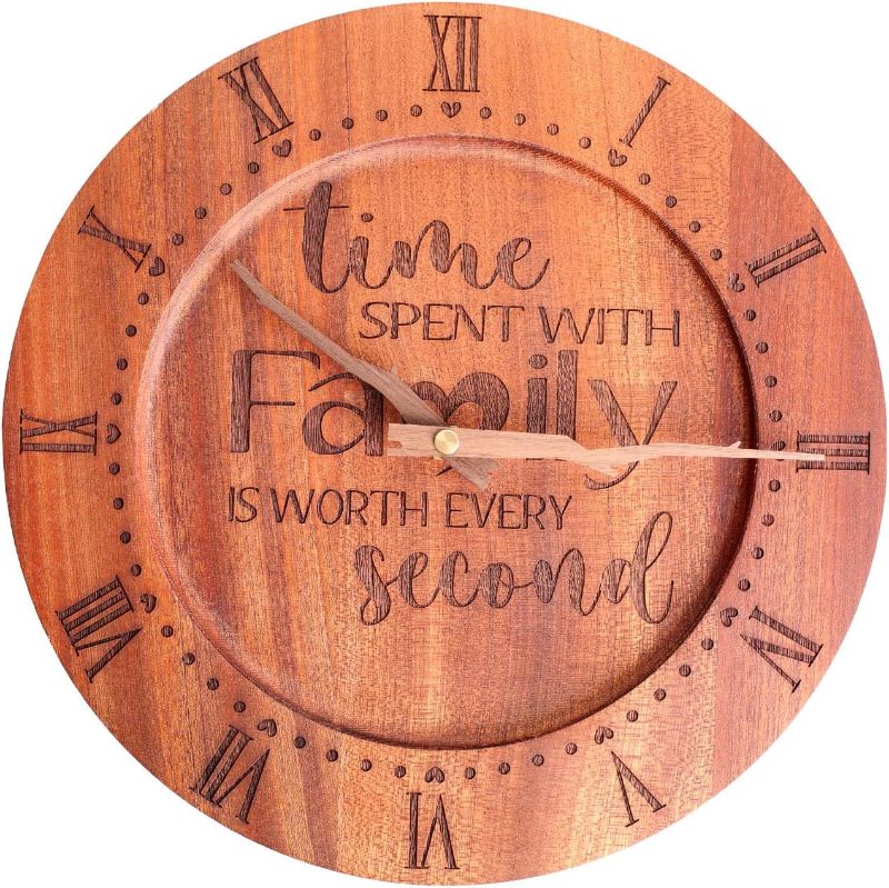 Photo 1 of Family Wall Clock 10 INCHES Engraved Wooden Clock for New Home House Warming Rustic Home Decor Vintage Decoration Time Spent with Family is Worth Every Minute Clock Large Roman Numerals Silent
