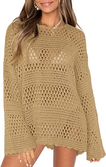 Photo 1 of MEDIUM- Bashafo Beach Crochet Cover Ups for Women Hollow Out Swimsuits Cover Up Long Sleeve Mesh Knit Bathing Suit Coverups

