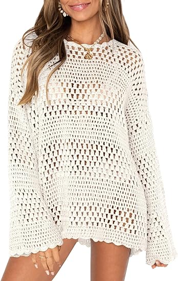 Photo 1 of MEDIUM-Bashafo Beach Crochet Cover Ups for Women Hollow Out Swimsuits Cover Up Long Sleeve Mesh Knit Bathing Suit Coverups WHITE

