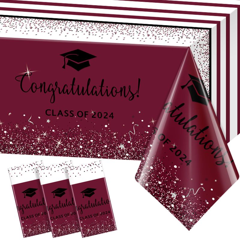 Photo 1 of 3 Pack Class of 2024 Graduation Tablecloths,Foil Dot Plastic Disposable Rectangle Table Covers for 2024 High School University College Graduation Party Decorations,108 * 54 Inch (Maroon and Black)