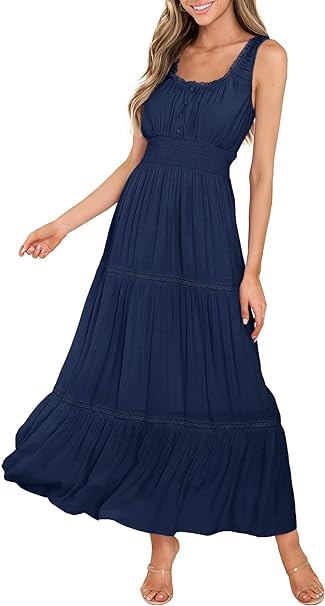 Photo 1 of XL- MITILLY Women's Summer Sleeveless Lace Trim Square Neck Smocked A-Line Flowy Tiered Maxi Dress with Pockets
