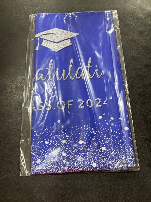 Photo 2 of MASHAN 3 Pack Class of 2024 Graduation Tablecloths,Foil Dot Plastic Disposable Rectangle Table Covers for 2024 High School University College Graduation Party Decorations,108 * 54 Inch (Blue Sliver) Blue Sliver 3pcs