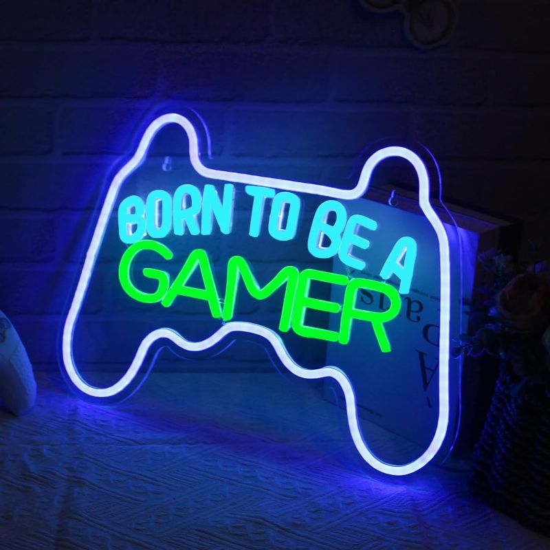 Photo 1 of Born to be a Gamer Neon Sign USB Powered for Room Decor, Neon Gaming Sign Dimmable LED Neon Light Sign for Kids Room Wall Art, Gamer Neon Sign for Game Room Birthday Gift 16 * 12 Inches 