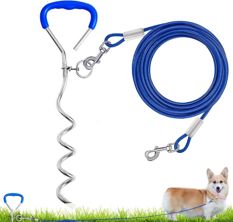 Photo 1 of Dog Tie Out Cable and Stake with No Tangle, Heavy Duty 15/30Ft Long Dog Leash Leads for Yard, Dog Stakes for Outside for Medium to Large Dogs Up to 120Lbs(Stake+Cable30FT, Blue)

