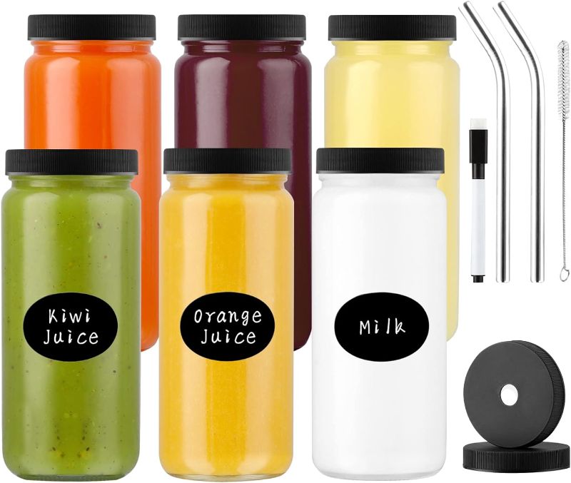 Photo 1 of Glass Juice Bottles for Juicing, Airtight Lids & 4 Straws & 4 Lids w Hole, 16 oz Jars with Lids, Reusable Travel Water Cups, 12 Labels for Smoothies, Tea, Milk, Homemade Beverage (6 Pack, Black Lids)
