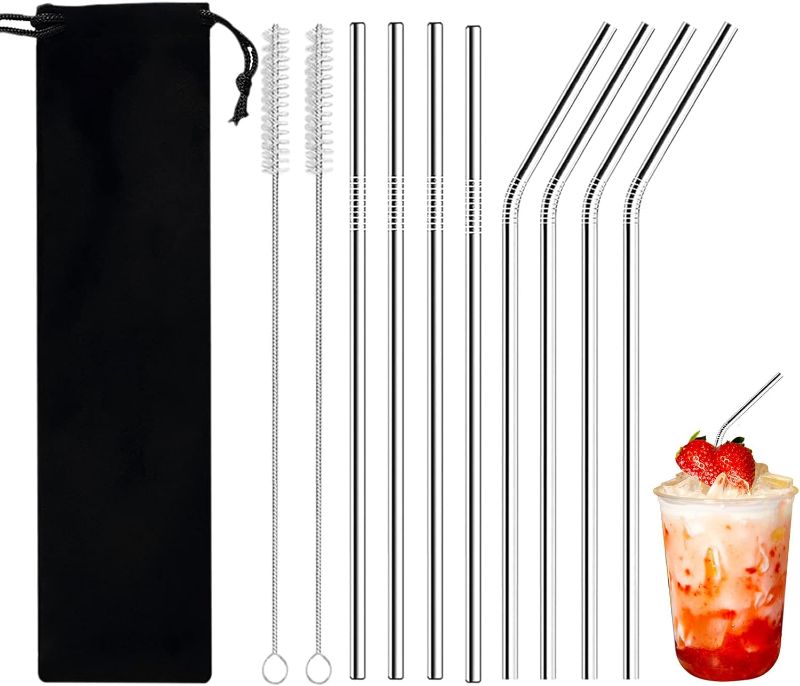 Photo 1 of Stainless Steel Straws 8 pcs, Large 125mm (L)* 8mm (D) 4 Straight and 4 Curve for 30 Oz Tumblers, Reusable Enviro Friendly straws with 2 Brushes, Clothing Bag Package for Parties/Home/Bar/Inns
