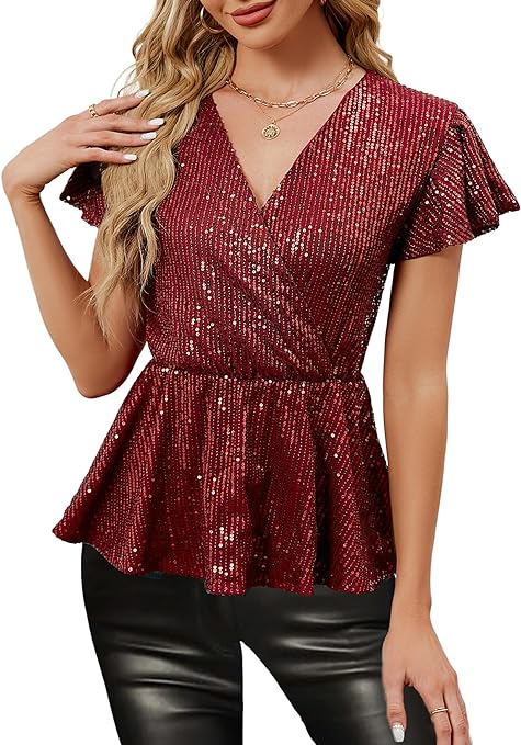 Photo 1 of LARGE- OASMA Womens Sequin Sparkly Tops 3/4 Bell Sleeve Glitter Dressy Blouses V Neck Peplum Tops for Evening Party 
