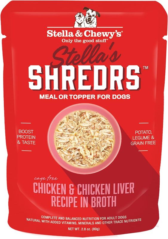 Photo 1 of Stella & Chewy's Stella’s Shredrs Cage Free Chicken & Chicken Liver Recipe in Broth, 2.8 oz. Pouches (Pack of 24) EXP 06/23/2024
