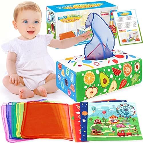 Photo 1 of Aiduy Baby Tissue Box Toys - Montessori Toys for Babies 6-12 Months Soft Stuffed High Contrast Crinkle Infant Sensory Toys Boys Girls Early Learning Toy Baby Gifts Colorful (New) 