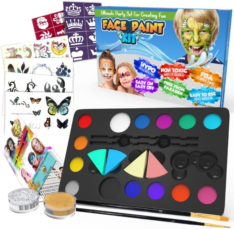 Photo 1 of Desire Deluxe Face Paint Kit Palette – Kids & Adult Washable Halloween Make Up Party Set Toy Include Body Brush, Glitter, Stencil, Tattoo – Great Gift for Christmas & Birthday
