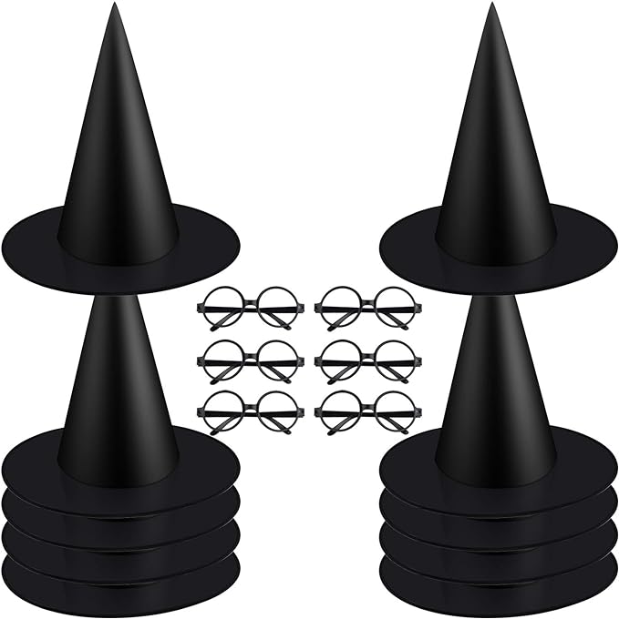 Photo 1 of Coopay 10 Pack Halloween Witch Hat and 6 Pack Plastic Wizard Glasses Round Glasses Frame Witch Costume Accessory for Halloween Costume Party Supplies 