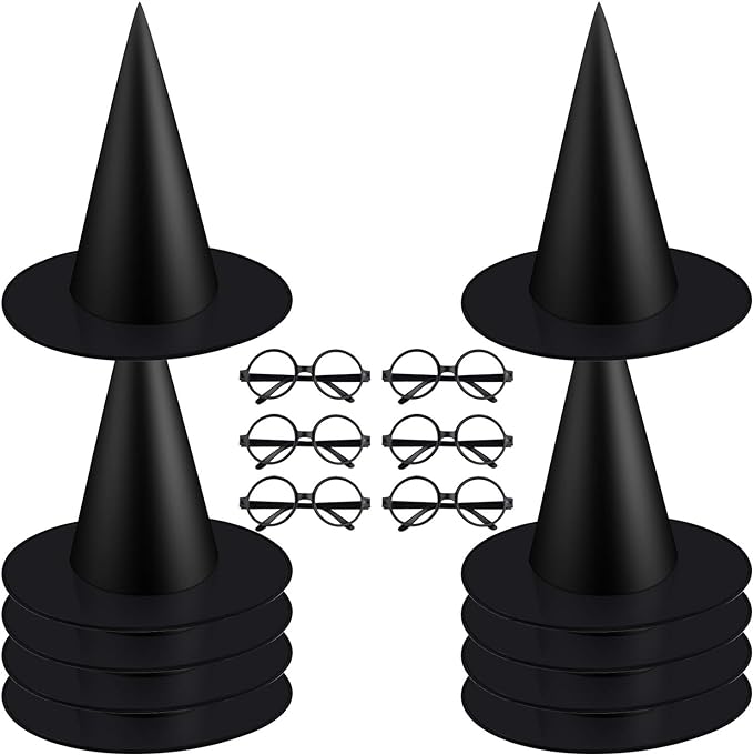 Photo 1 of Coopay 10 Pack Halloween Witch Hat and 6 Pack Plastic Wizard Glasses Round Glasses Frame Witch Costume Accessory for Halloween Costume Party Supplies
