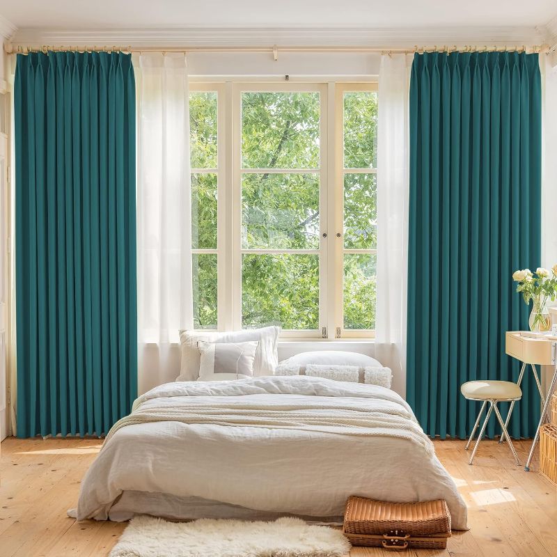 Photo 1 of OYRING Teal Pleated Drape with Tieback for Bedroom, Triple Weave Blackout Thermal Insulated Pinch Pleated Curtain for Traverse Rod and Track, 52" W x 72" L, 1 Panel 