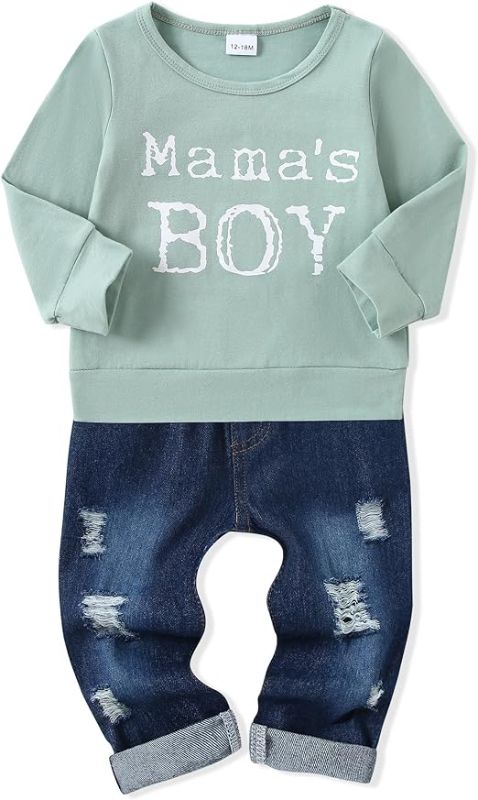 Photo 1 of YALLET Toddler Baby Boy Clothes, Long sleeve Letter Hoodies Top+Ripped Denim Pants 2pcs Fall Winter Outfit Sets 12-18 months