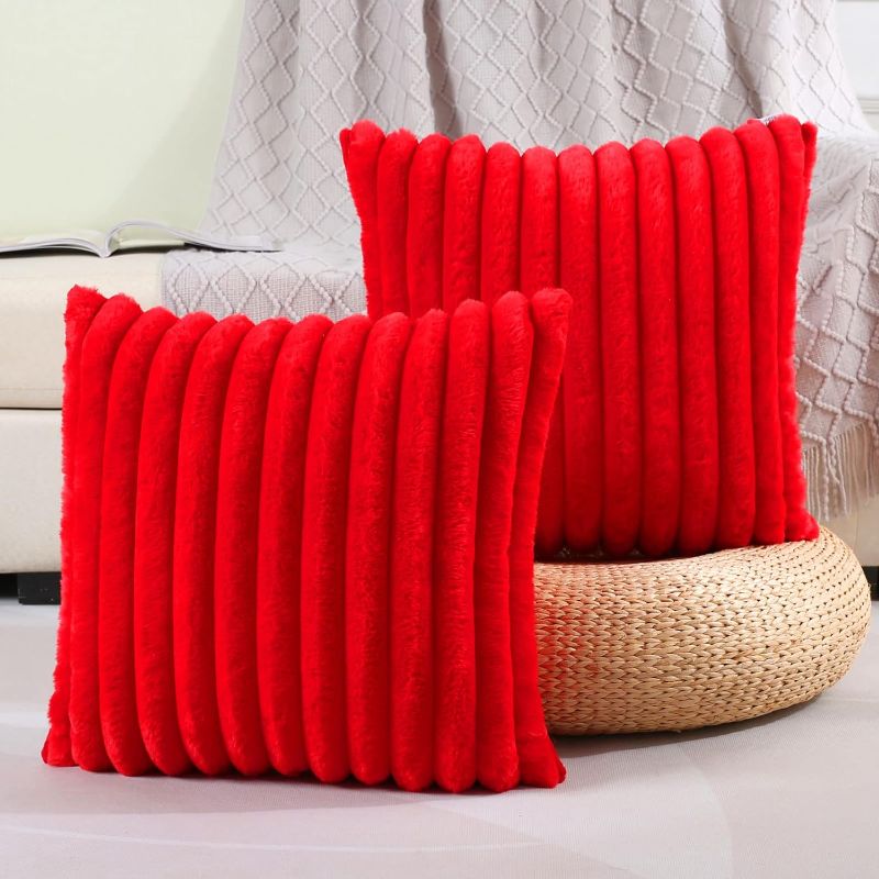 Photo 1 of Red Striped Decorative Throw Pillow Covers 16x16 Inch Set of 2,Square Spring Decorations Couch Pillow Case,Soft Cozy Faux Rabbit Fur & Velvet Back,Modern Home Decor for Bed