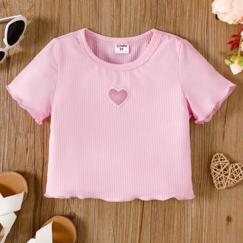 Photo 1 of PATPAT Toddler Kid Girls Rib-Knit Short Sleeve Crop Top Heart Hollow Out Tee Graphic Round Neck T-Shirts 3-4 yrs