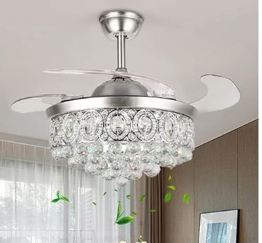 Photo 3 of MORE CHANGE BIGBANBAN 42" Crystal Ceiling Fan Indoor with Light Remote Control Modern Silver Retractable Ceiling Fan Chandelier 3 Colors 3 Speeds Silent Fandelier Chandelier for Dinning Room Bedroom