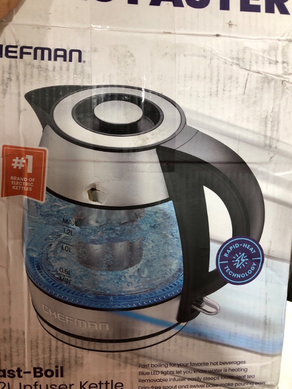 Photo 2 of CHEFMAN Electric Kettle - 1.2L 1500W Hot Water Tea Pot with Tea Infuser, BPA Free, Auto Shut Off, Boil-Dry Protection, Removable Lid, LED Light, Cordless Glass Electric Tea Kettle – Stainless Steel 1.2L - Stainless Steel - Tea Infuser