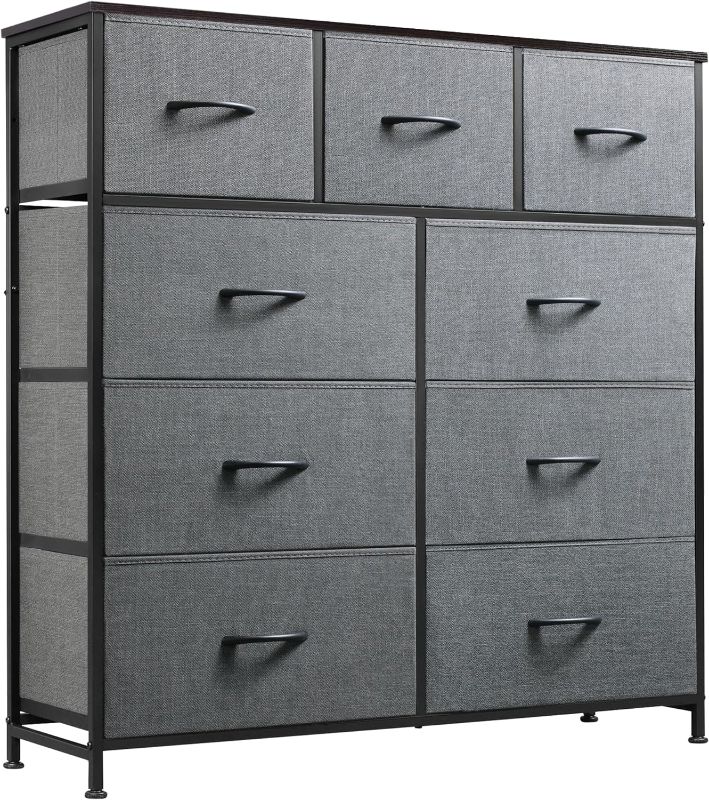 Photo 1 of 9-Drawer Dresser, Fabric Storage Tower for Bedroom, Hallway, Entryway, Closet, Tall Chest Organizer Unit with Fabric Bins, Steel Frame, Wood Top, Easy Pull Handle, Dark Grey
