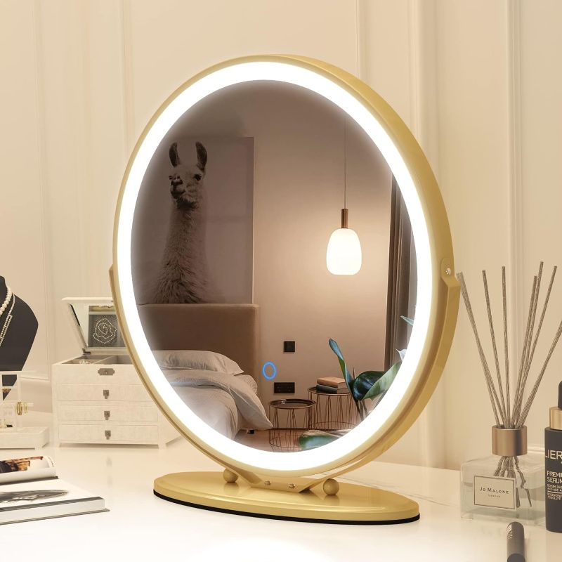 Photo 1 of Vlsrka 20 inch Vanity Mirror with Lights, Round LED Makeup Mirror, Large Makeup Mirror with Lights, High Definition Lighted Up Mirror for Bedroom, Touch Control 3 Color Dimmable, 360° Rotation, Gold