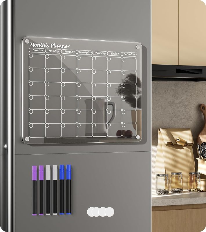 Photo 1 of Acrylic Magnetic Monthly Calendar for Fridge, Clear Magnetic Dry Erase Board Calendar for Fridge, Reusable Planner Whiteboard Calendar Includes 6 Markers 3 Colors (Monthly Calendar)
