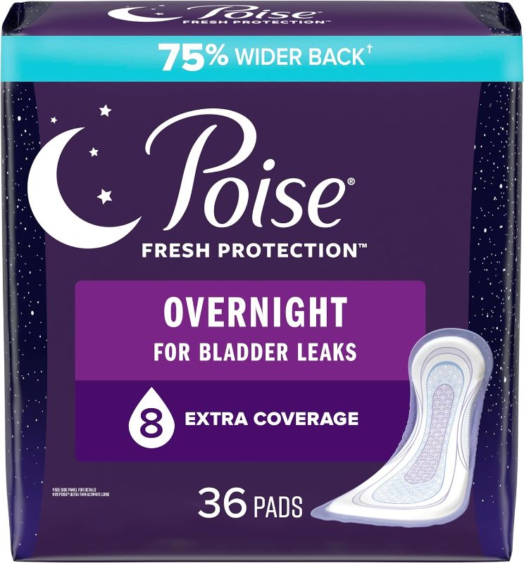 Photo 1 of Poise Incontinence Pads & Postpartum Overnight Incontinence Pads, 8 Drop Extra Coverage, 36 Count, Packaging May Vary
