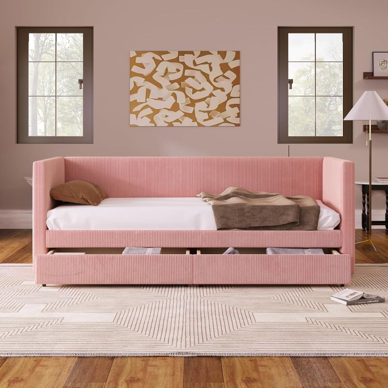 Photo 1 of Twin Size Corduroy Daybed with Two Drawers and Solid Wood Slat,Sofa Bedframe,for Bedroom,Dorm,Apartment,Adults,Kids,Saving Space,Pink
