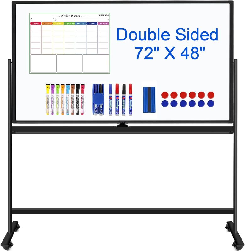 Photo 1 of Magnetic Mobile Whiteboard 72 X 48 Rolling White Boards on Wheels, Large Double-Sided 6' x 4' Dry Erase Board with Stand, Standing White Board with Eraser & Marker & Magnet & Magnetic Calendar

