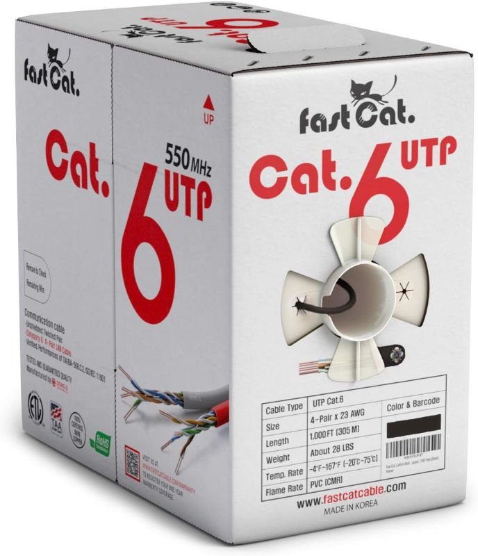 Photo 1 of fast Cat. Cat6 Ethernet Cable 1000ft - 23 AWG, CMR, Insulated Solid Bare Copper Wire Cat 6 Cable with Noise Reducing Cross Separator - 550MHZ / 10 Gigabit Speed UTP LAN Cat6 Cable 1000ft - CMR (Black)
