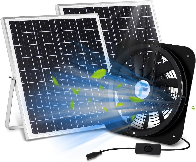 Photo 1 of Poafamx Solar Powered Fan, Waterproof 40W Solar Panel, 10'' Aluminum Alloy Fan with 16ft On/Off Switch Cable and 110V Adapter, Exhaust for Greenhouse, Attic, Chicken Coop, Shed
