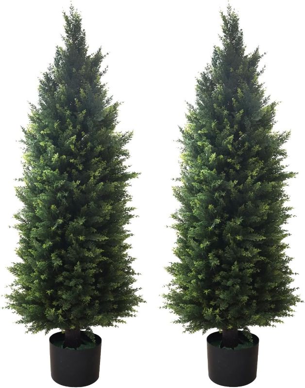 Photo 1 of Artificial Topiary Tree 2-Set - Beautiful Realistic Faux Cedar Pines, 4 Feet Tall, UV Protection for Longer Life, 6" Wide Heavy Duty Pots for Outdoor & Indoor Decor

