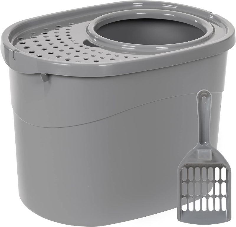 Photo 1 of Amazon Basics Top Entry Cat Litter Box and Black Scoop, Oval, Grey, 20.5 x 14.75 x 14.38 inches
