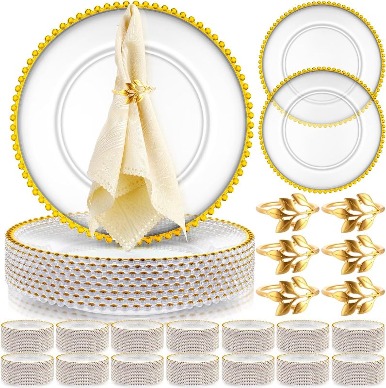 Photo 1 of 50 Set Clear Charger Plates Bulk 13 Inch Beaded Plastic Charger Plates with Napkin Rings Acrylic Round Dinner Chargers Table Decorative Plates for Party Wedding Thanksgiving (Clear and Gold)