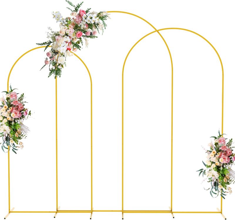 Photo 1 of Wokceer Wedding Arch Backdrop Stand 8FT, 7.2FT, 6.6FT Set of 3 Gold Metal Arch Backdrop Stand for Wedding Ceremony Baby Shower Birthday Party Garden Floral Balloon Arch Decoration
