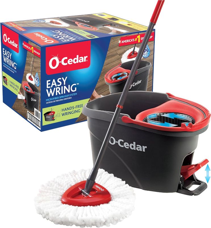Photo 1 of O-Cedar EasyWring Microfiber Spin Mop, Bucket Floor Cleaning System, Red, Gray, Standard
