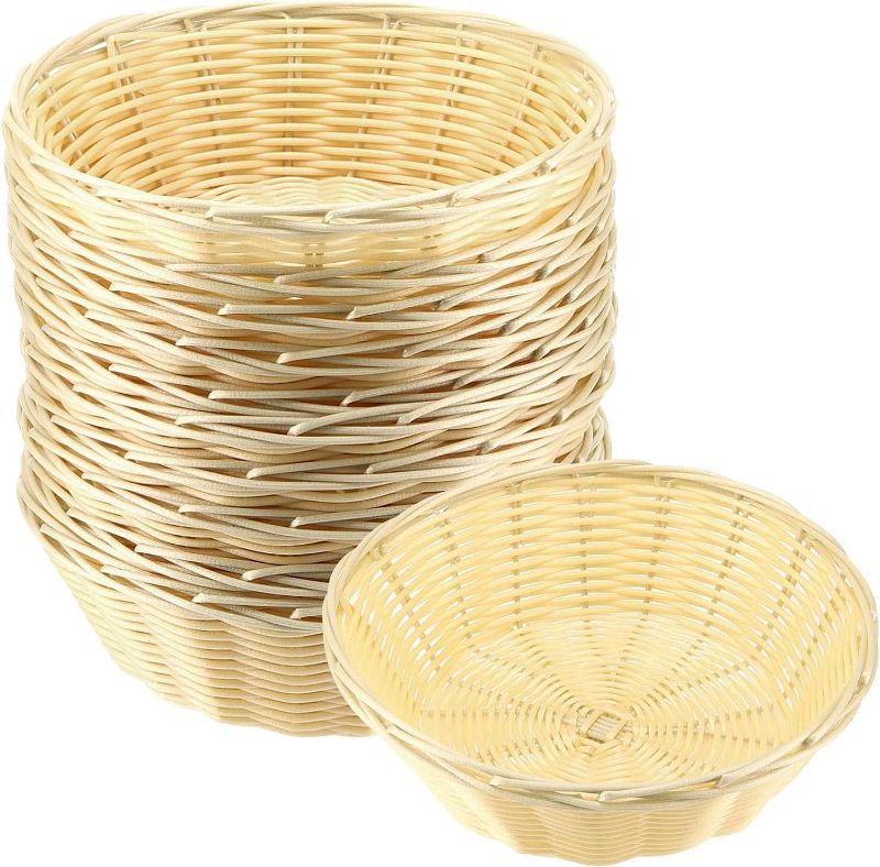 Photo 1 of 12 Pack Wicker Bread Basket, 8 Inch Handwoven Round Plastic Wicker Bread Baskets Bulk Small Food Serving Baskets for Kitchen, Bakery, Party and Christmas, Beige
