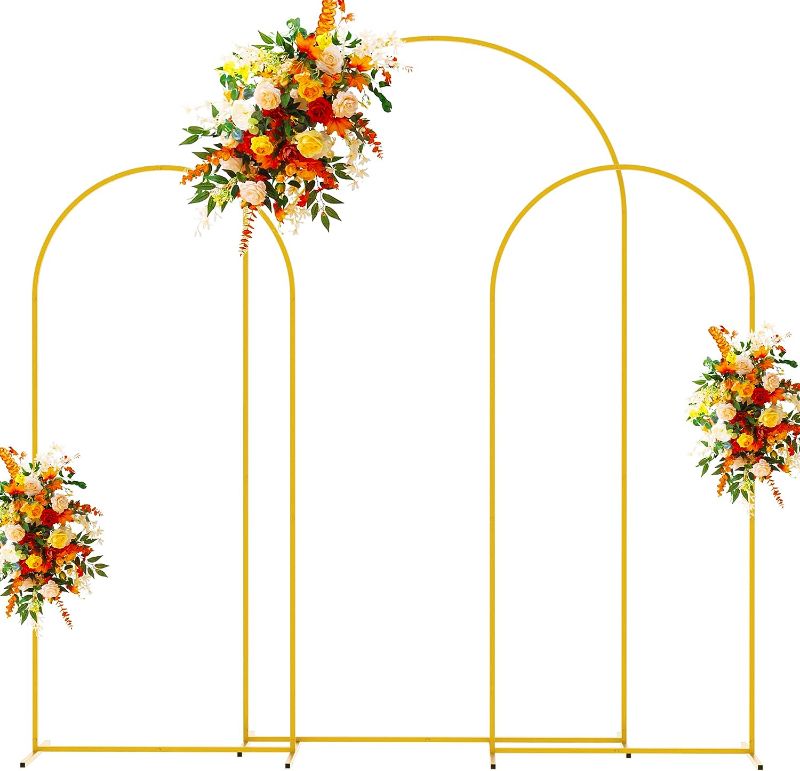 Photo 1 of Metal Arch Backdrop Stand Gold Wedding Arch Stand Set of 3 (7.2FT,6FT,6FT) Square Arched Frame for Birthday Party Graduation Ceremony Decoration
