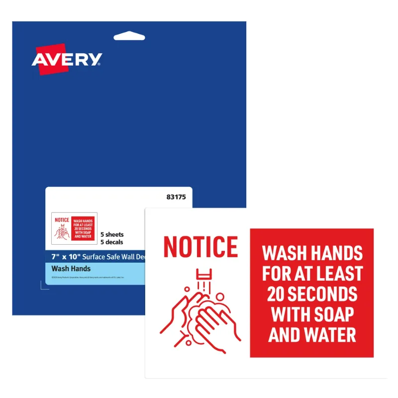 Photo 1 of Avery "Wash Hands for at Least 20 Seconds" Preprinted Surface Safe Wall Decals, 7" x 10", 5 Removable Decals (83175)