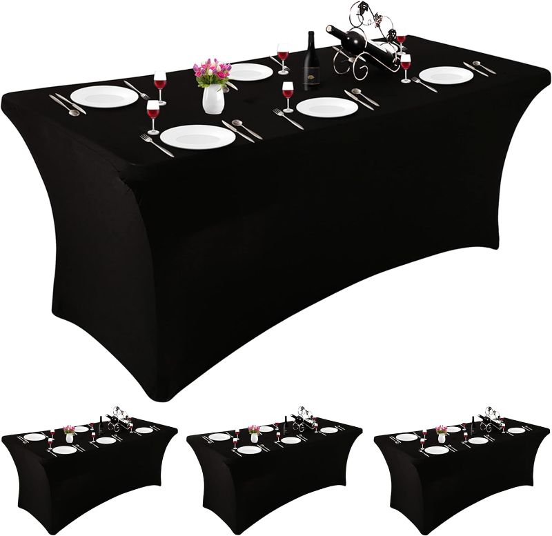 Photo 1 of YIIBAII Table Covers Rectangular Fitted Spandex Tablecloths for Indoor Patio Wedding Banquet Table Cover Party Stretchable Washed Tablecloth,Band 2 Laundry Bags (Black, 4PCS 6FT) 