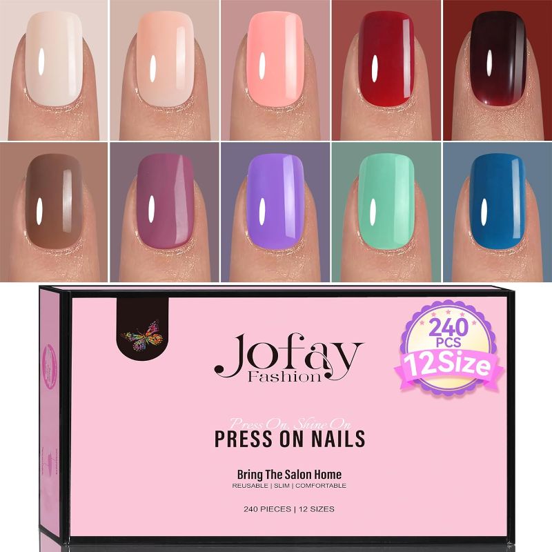 Photo 1 of 240Pcs Nails Tips Press on Nails Short Kit, Jofay Fashion 10Colors Acrylic Fake Nails Set with Glue, Reusable Salon Like Artificial Nails Glue on Nails, Stick on Nails False Nails with Stickers