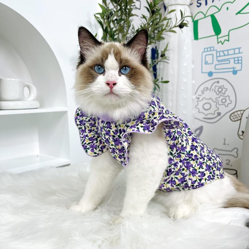Photo 1 of [Size M] Puppy Shirts Breathable Outfit Pets Shirt Floral Patterns Dog Sweatshirt Puppy Clothes with Puff Sleeve, Summer Pet Clothes for Small Medium Dogs and Cats Apparel Pet Shirts (Purple, M)