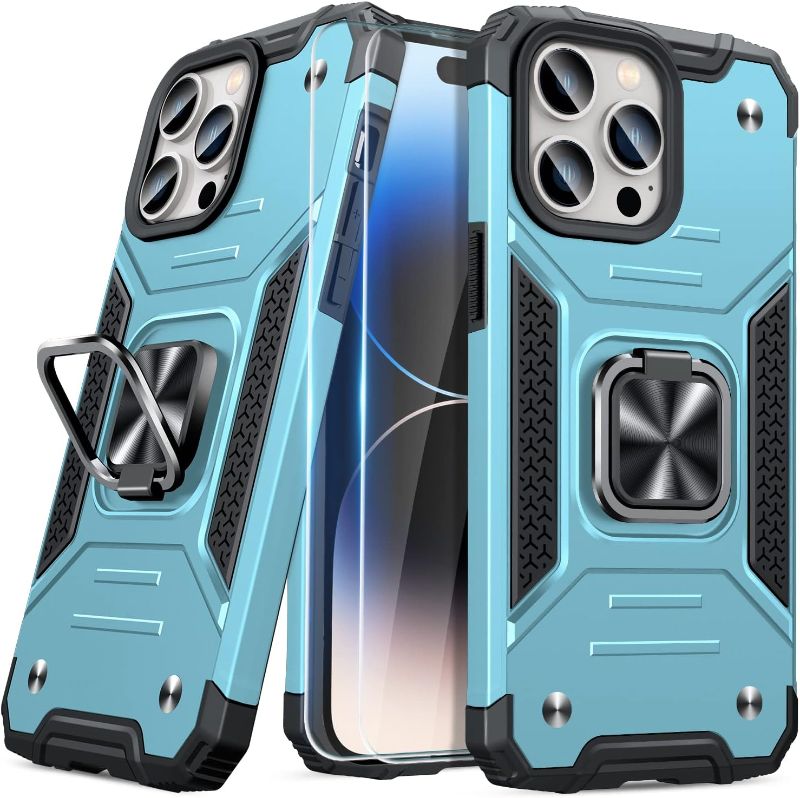 Photo 1 of JAME for iPhone 14 Pro Max Case with Screen Protector 2PCS, Military-Grade Drop Protection Shockproof Bumper Apple 14 Pro Max Case with Ring Kicstand Case for 14 Pro Max 6.7 Inch, Sierra Blue