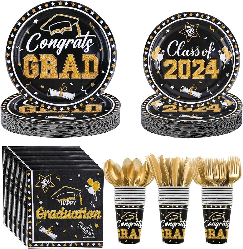 Photo 1 of Graduation Party Decorations 2023 Plates and Cups 2023 Party Supplies Include 9" Plates, 7" Plates, Napkins, Cups, Knife, Fork, Spoon and Straws for Graduation Party Decorations (Serve 24)