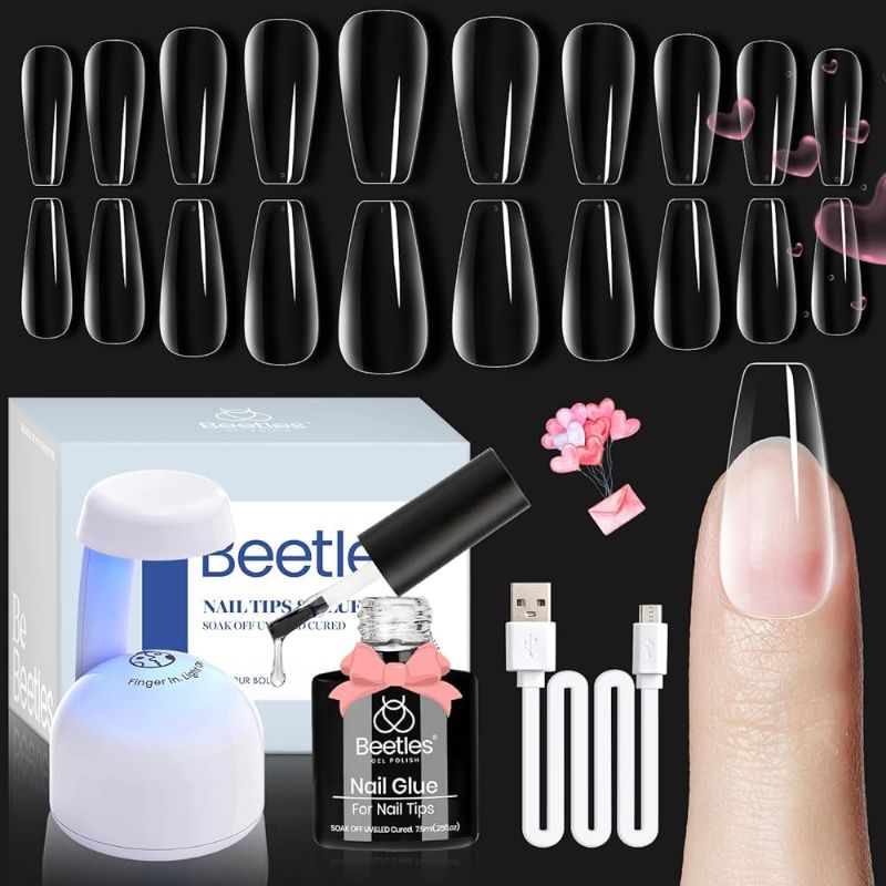 Photo 1 of Beetles Gel Nail Kit Easy Nail Extension Set With 500Pcs Medium Coffin Shaped Tips 5 in 1 Nail Glue Base Gel and Innovative Led Lamp Easy Funny Diy Nail Tips Art Decoration at Home Gift for Women 1-3-Medium Coffin 500PCS(clear kit?