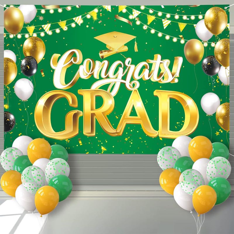 Photo 1 of Arosche Extra Large Graduation Banner Decorations 72" x 48" Backdrop with 24Pcs Balloons Congrats Grad 2023 Photography Background for Indoor Outdoor College,Garden,Yard,Party Supplies (Green)