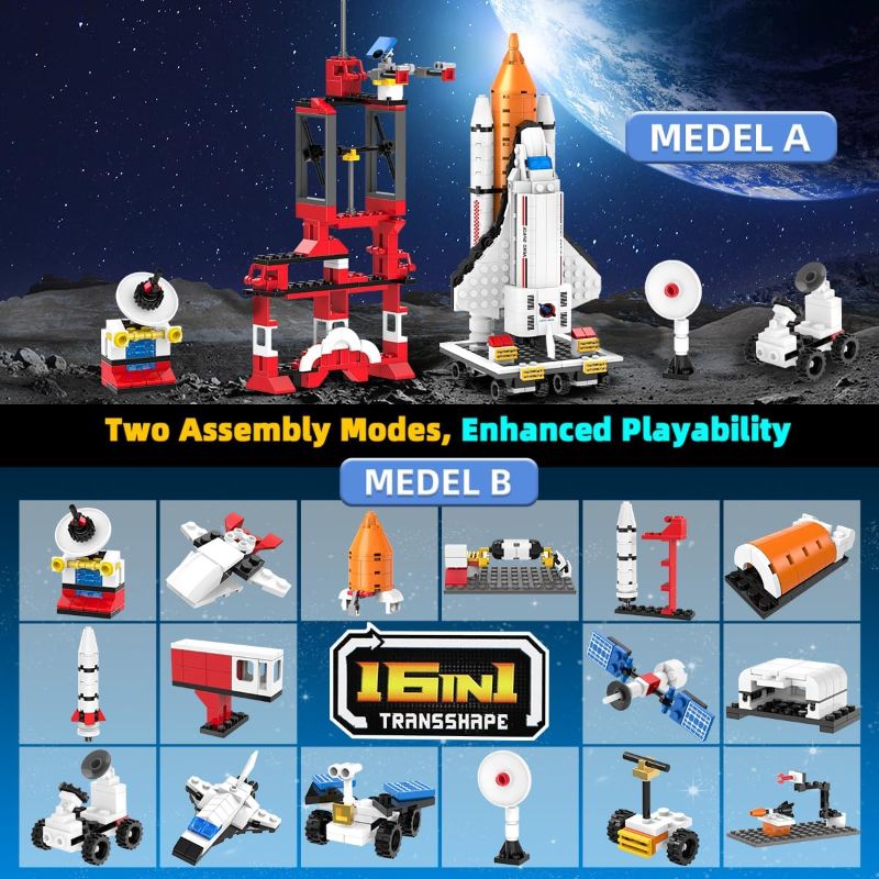 Photo 1 of 16 in 1 Space Rocket Launch Center Building Toy Set, STEM-Inspired Space Toy with Rocket, Launch Tower, Observatory, Control, Birthday Christmas Easter Gifts for 6 7 8 9 10 11 12 Year Old Boys 123-720