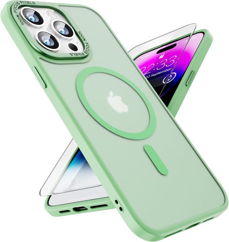 Photo 1 of SUCGLES for iPhone 14 Pro Max Case, with 9H Glass Screen Protector, Strong Magnetic Slim Translucent Matte Thin Cover Compatible with MagSafe for Apple 14 Promax Phone Case 6.7''- Mint Green
