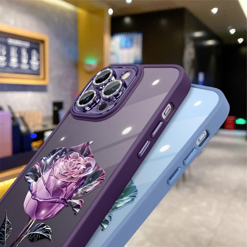 Photo 1 of KANGHAR Fairy Rose for iPhone 14 Pro Phone Case Floral Flower Pattern Clear Case for Women Girls with Glitter Sparkly Camera Lens Protector Protective Anti-Scratch Cover for 14 Pro Blue iPhone 14 Pro Purple